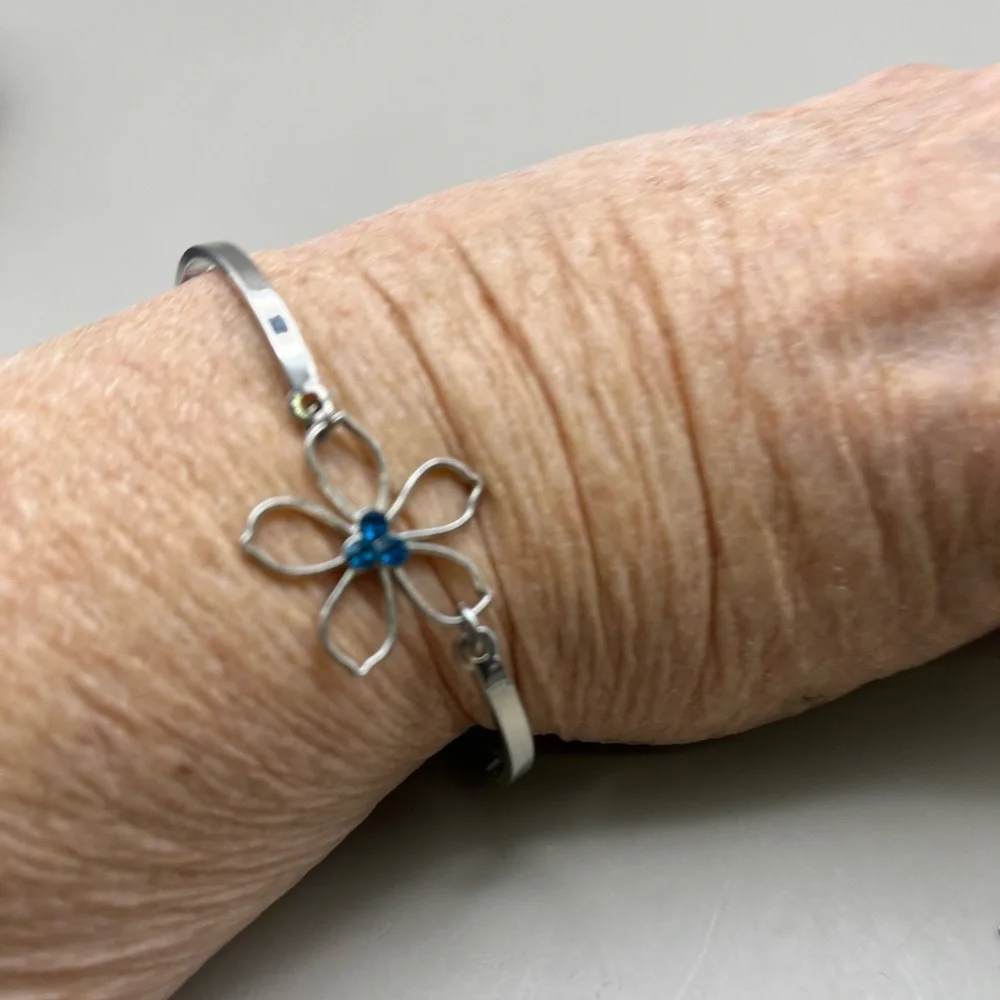 Silver Flower Bracelet with Blue Accents